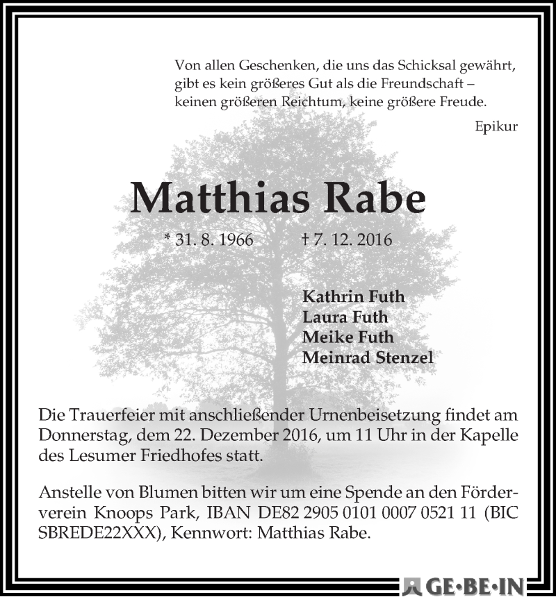 Traueranzeige von Matthias Rabe von Die Norddeutsche