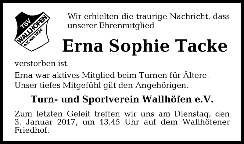 Traueranzeige von Erna Sophie Tacke von Osterholzer Kreisblatt