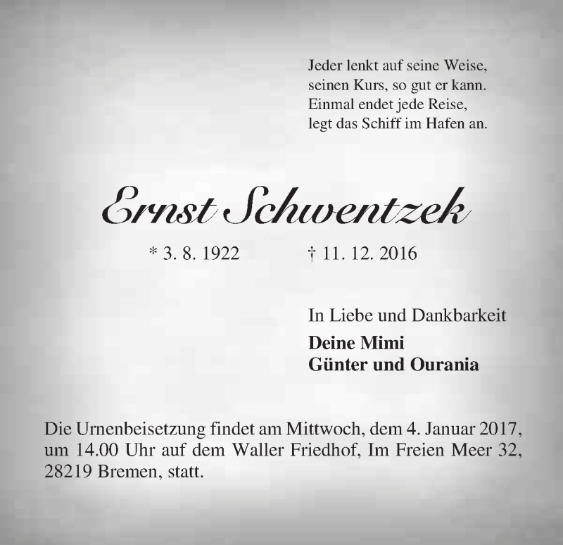 Traueranzeige von Ernst Schwentzek von WESER-KURIER