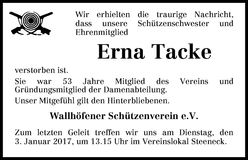 Traueranzeige von Erna Sophie Tacke von Osterholzer Kreisblatt