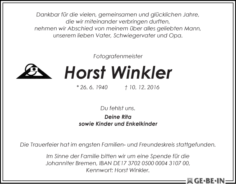  Traueranzeige für Horst Winkler vom 28.12.2016 aus WESER-KURIER