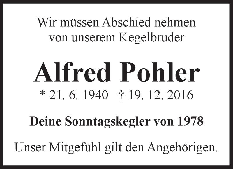 Traueranzeige von Alfred Pohler von WESER-KURIER
