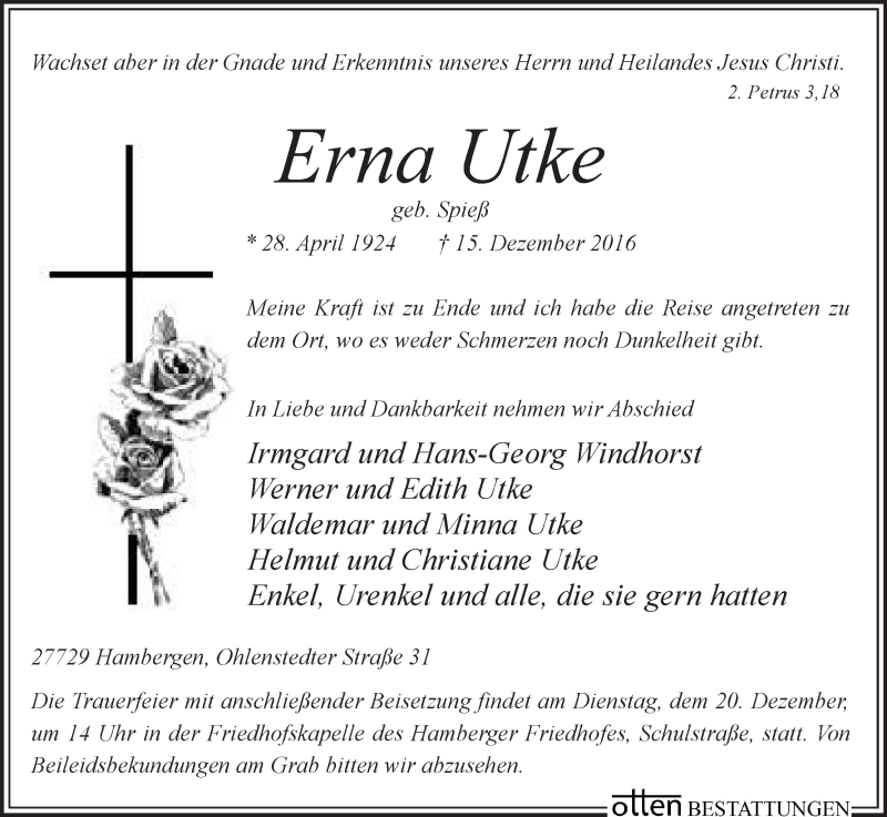 Traueranzeige von Erna Utke von Osterholzer Kreisblatt
