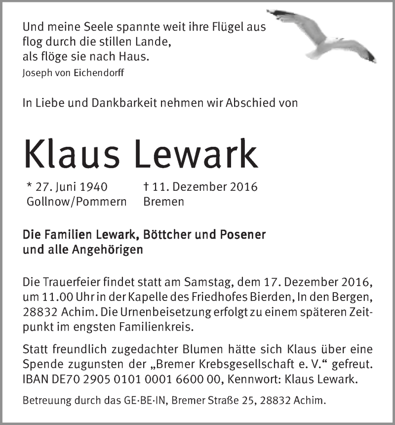 Traueranzeige von Klaus Lewark von WESER-KURIER