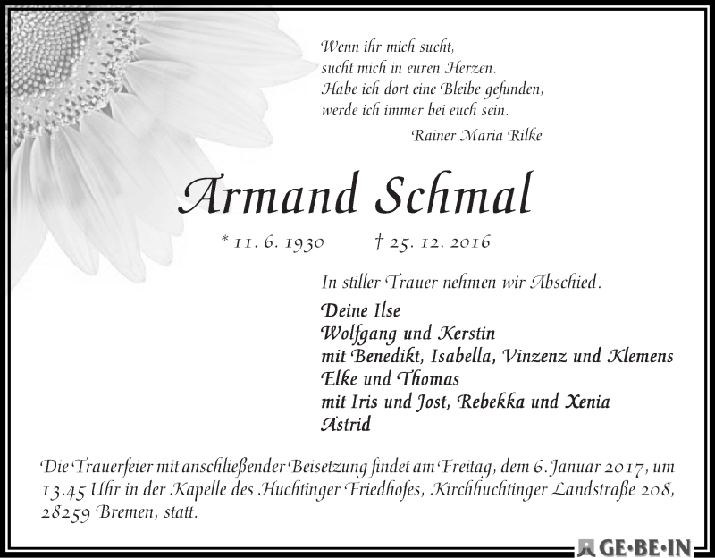 Traueranzeige von Armand Schmal von WESER-KURIER