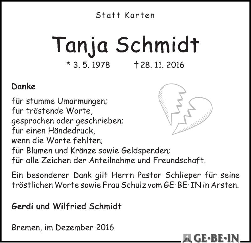 Traueranzeige von Tanja Schmidt von WESER-KURIER