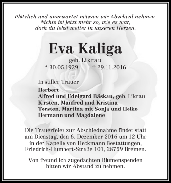 Traueranzeige von Eva Kaliga