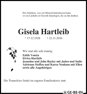 Traueranzeige von Gisela Hartleib