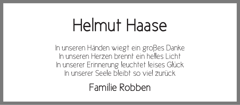 Traueranzeige von Helmut Haase von WESER-KURIER
