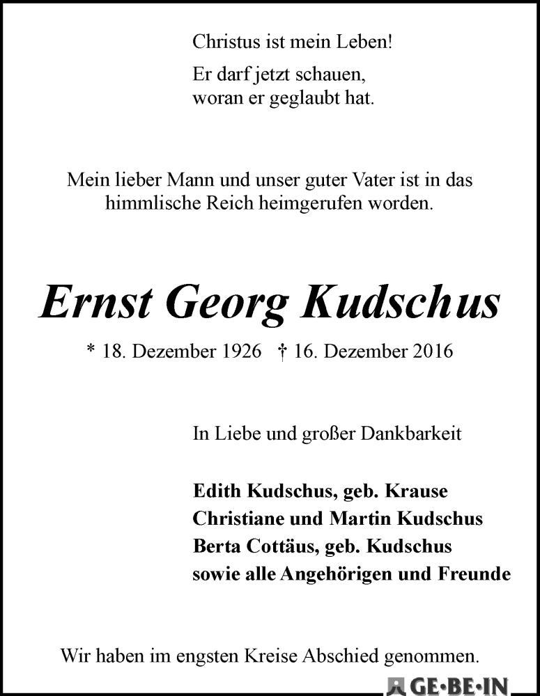 Traueranzeige von Ernst Georg Kudschus von Die Norddeutsche