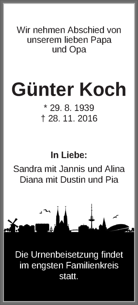  Traueranzeige für Günter Koch vom 03.12.2016 aus WESER-KURIER