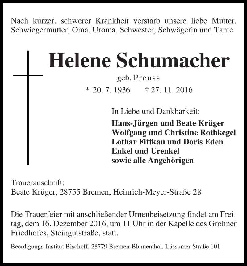 Traueranzeige von Helene Schumacher von Die Norddeutsche