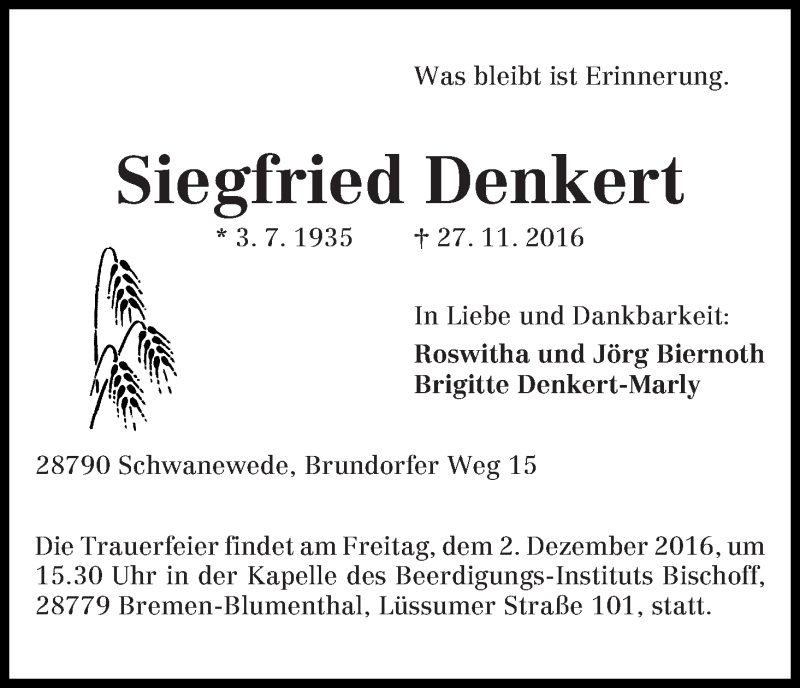 Traueranzeige von Siegfried Denkert von Die Norddeutsche