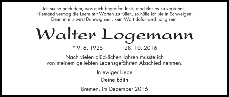 Traueranzeige von Walter Logemann von Die Norddeutsche