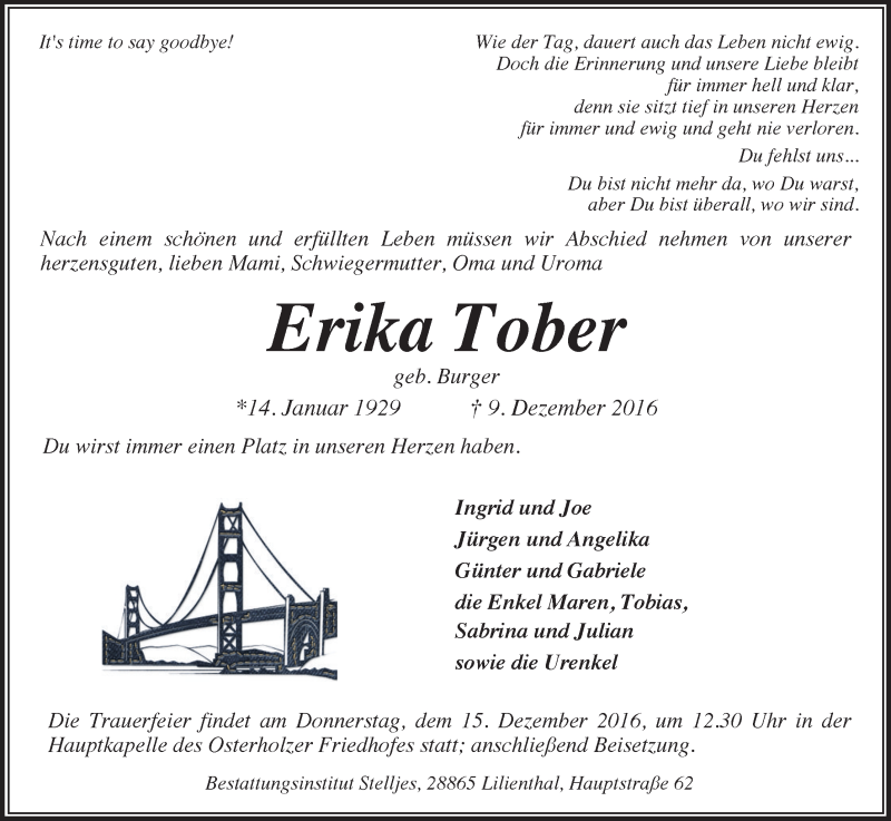  Traueranzeige für Erika Tober vom 12.12.2016 aus WESER-KURIER