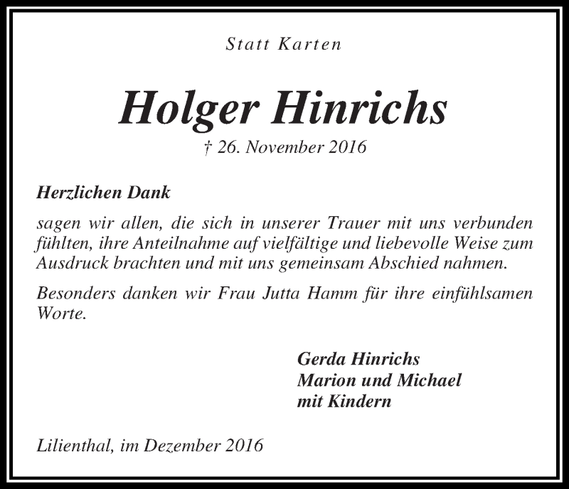 Traueranzeige von Holger Hinrichs von Wuemme Zeitung