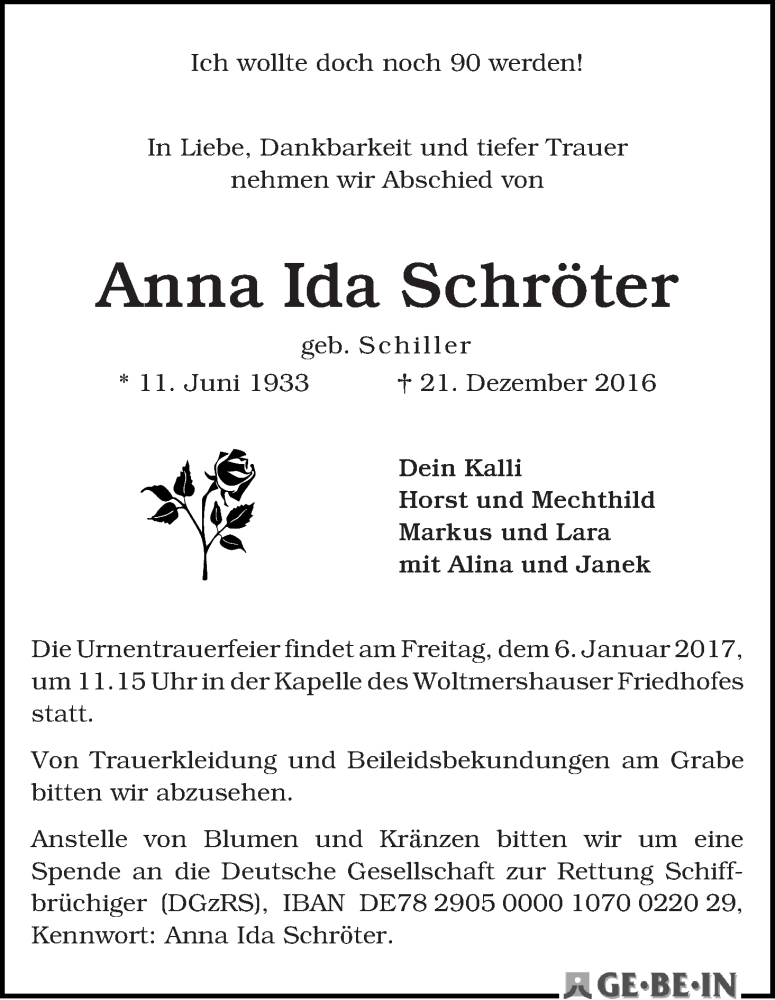 Traueranzeige von Anna Ida Schröter von WESER-KURIER