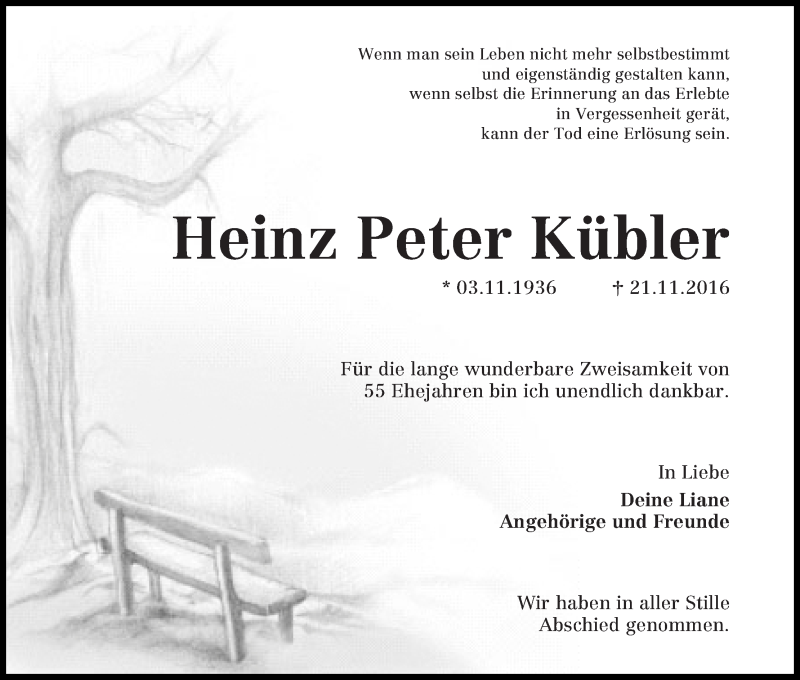 Traueranzeige von Heinz Peter Kübler von WESER-KURIER