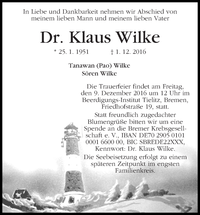 Traueranzeige von Klaus Wilke von WESER-KURIER