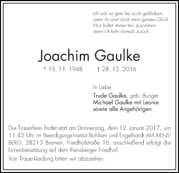 Traueranzeige von Joachim Gaulke