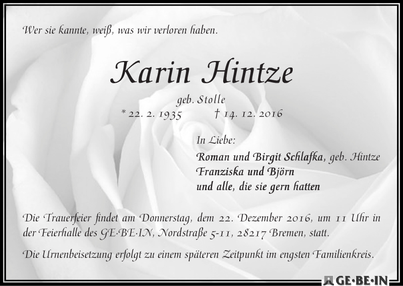 Traueranzeige von Karin Hintze von WESER-KURIER