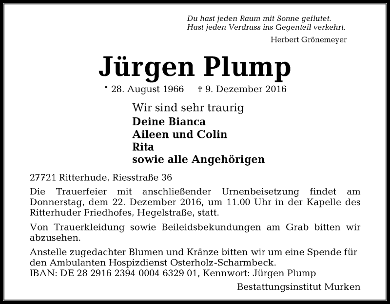  Traueranzeige für Jürgen Plump vom 13.12.2016 aus Osterholzer Kreisblatt