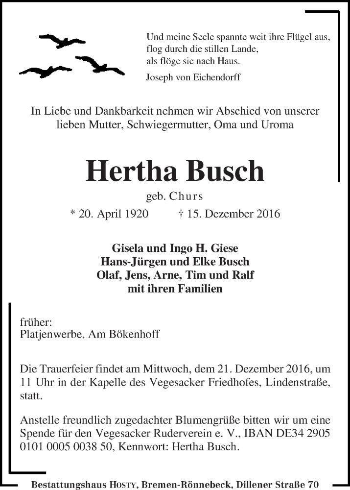 Traueranzeige von Hertha Busch von Die Norddeutsche