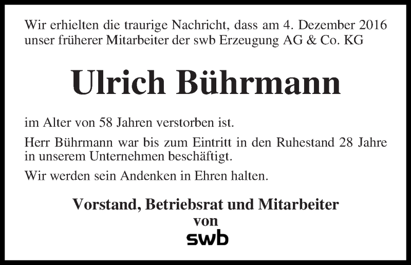  Traueranzeige für Ulrich Bührmann vom 23.12.2016 aus WESER-KURIER