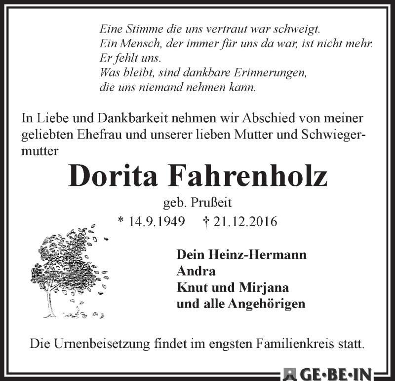 Traueranzeige von Dorita Fahrenholz von WESER-KURIER