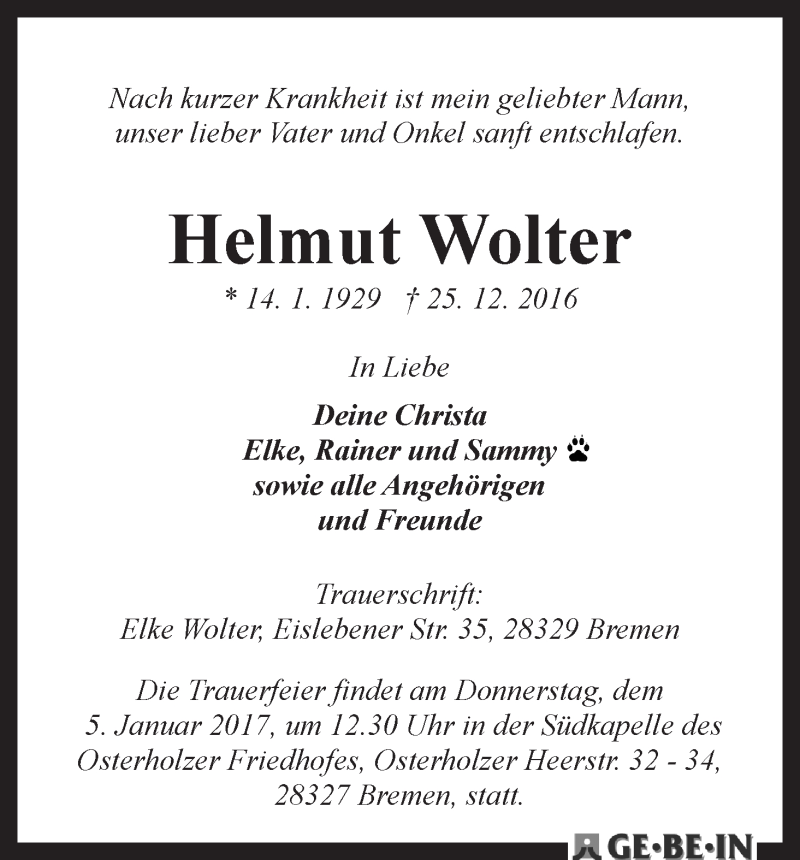 Traueranzeige von Helmut Wolter von WESER-KURIER