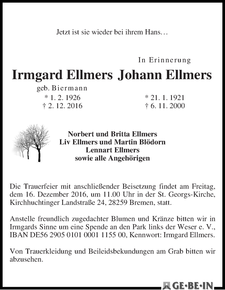 Traueranzeige von Irmgard und Johann Ellmers von WESER-KURIER