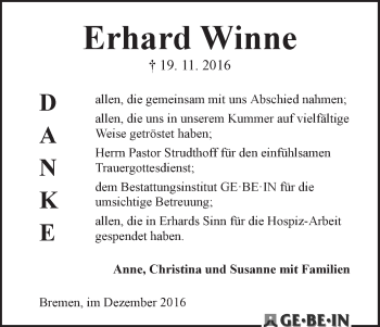 Traueranzeige von Erhard Winne