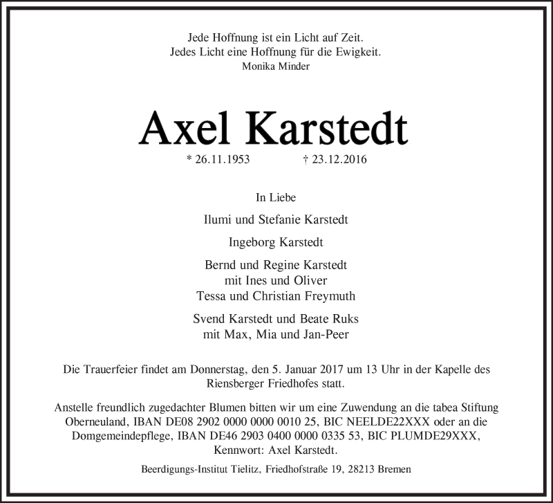 Traueranzeige von Axel Karstedt von WESER-KURIER