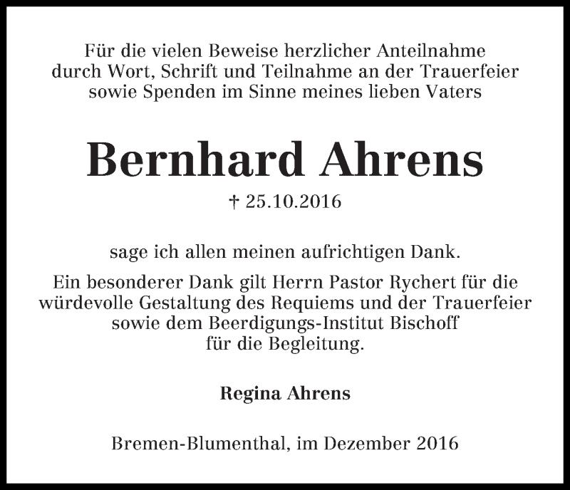Traueranzeige von Bernhard Ahrens von Die Norddeutsche
