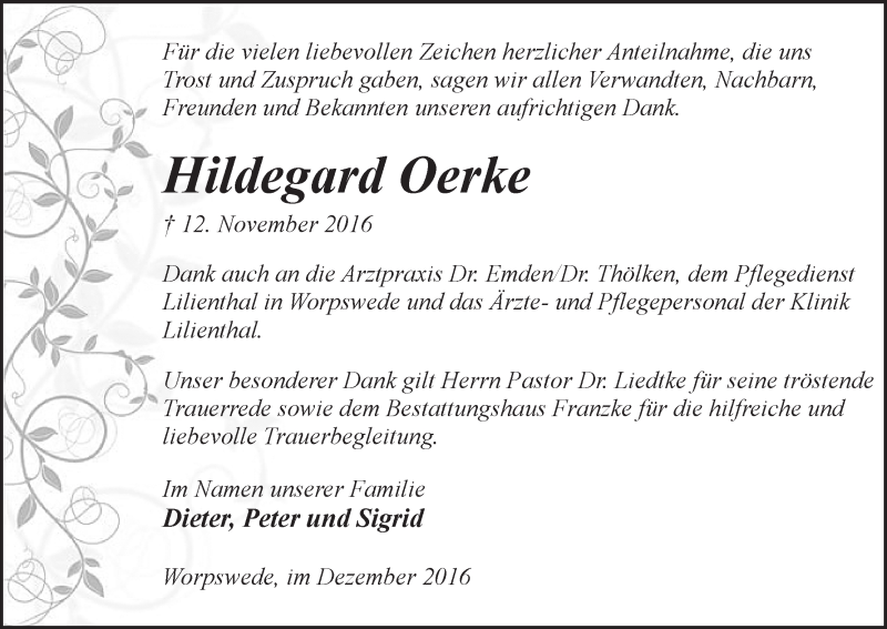 Traueranzeige von Hildegard Oerke von Wuemme Zeitung