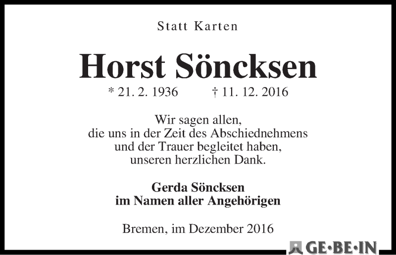 Traueranzeige von Horst Söncksen von WESER-KURIER