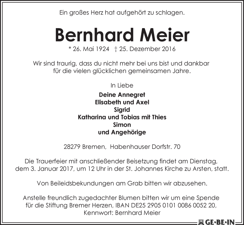 Traueranzeige von Bernhard Meier von WESER-KURIER
