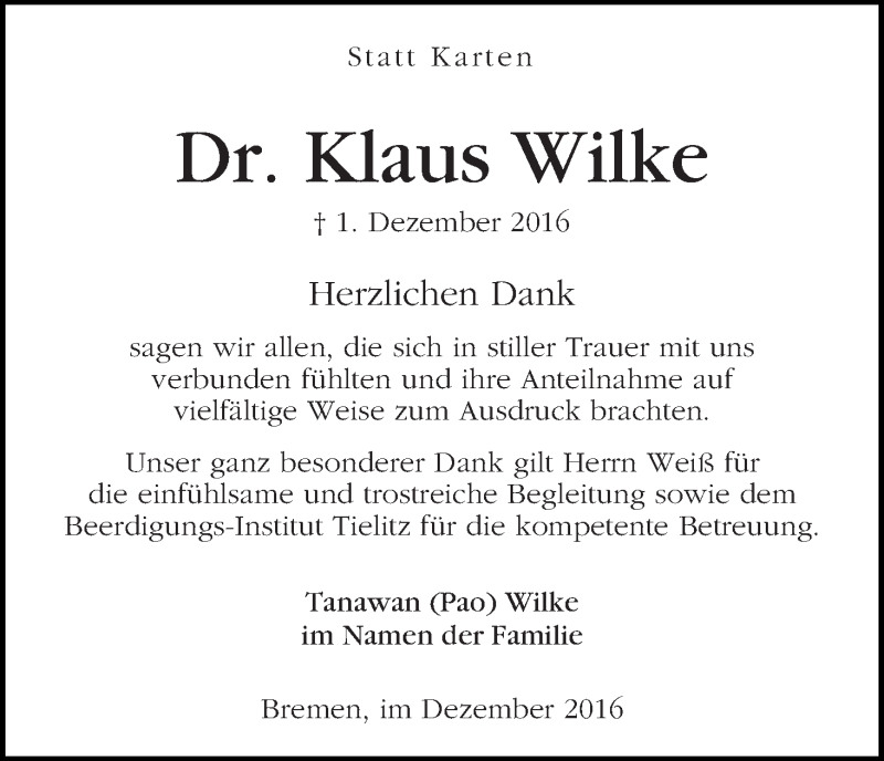 Traueranzeige von Klaus Wilke von WESER-KURIER