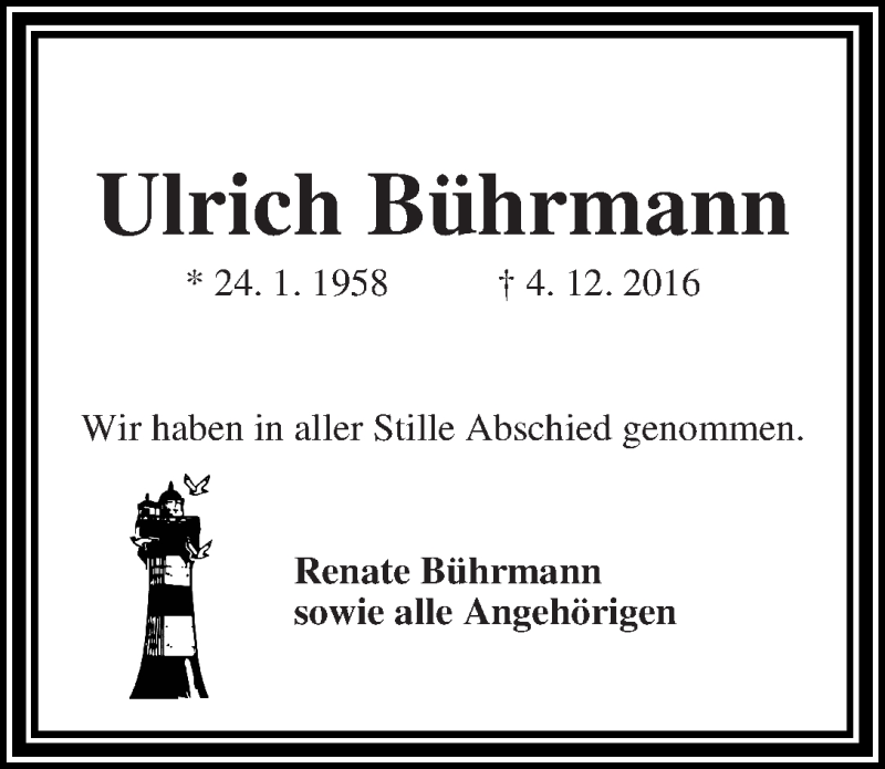  Traueranzeige für Ulrich Bührmann vom 22.12.2016 aus WESER-KURIER