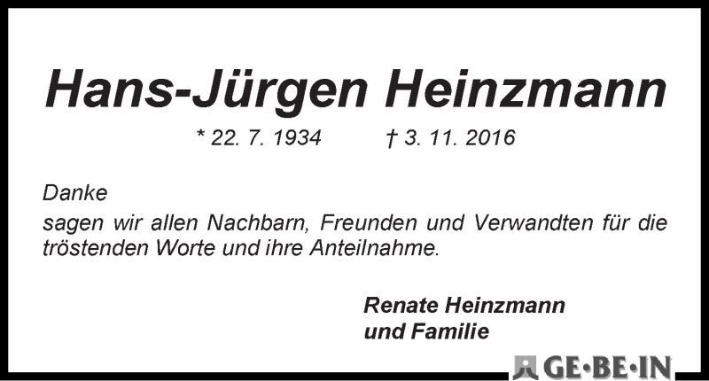 Traueranzeige von Hans-Jürgen Heinzmann von WESER-KURIER