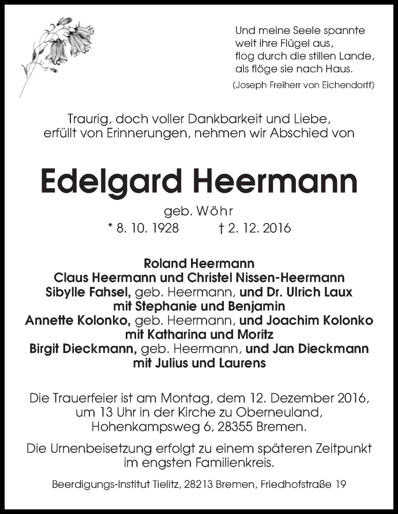 Traueranzeige von Edelgard Heermann von WESER-KURIER