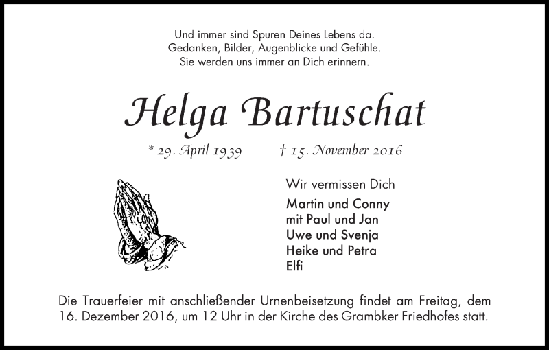 Traueranzeige von Helga Bartuschat von WESER-KURIER