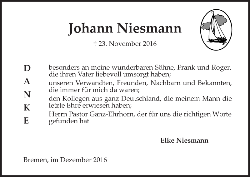 Traueranzeige von Johann Niesmann von WESER-KURIER