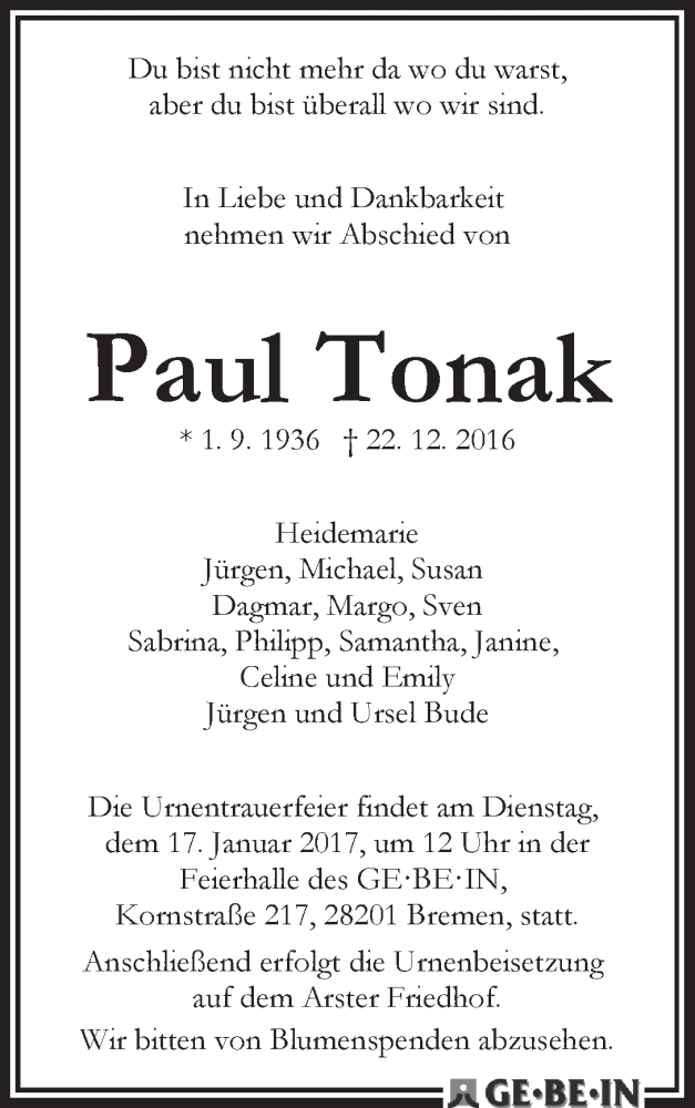 Traueranzeige von Paul Tonak von WESER-KURIER