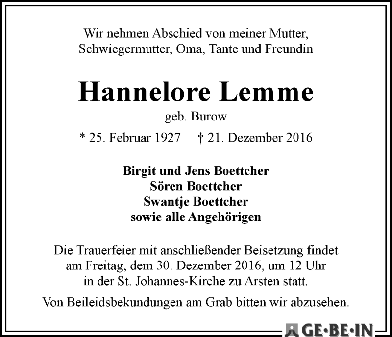 Traueranzeige von Horst Lemme von WESER-KURIER