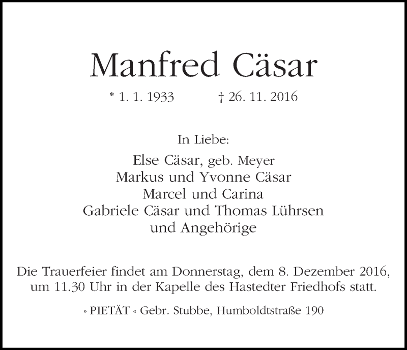 Traueranzeige von Manfred Cäsar von WESER-KURIER