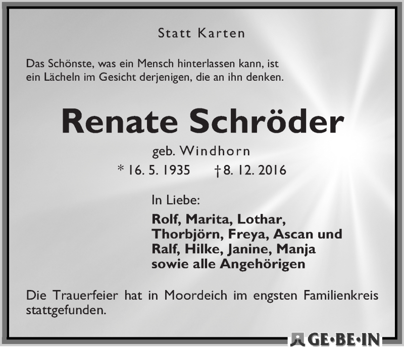 Traueranzeige von Renate Schröder von WESER-KURIER
