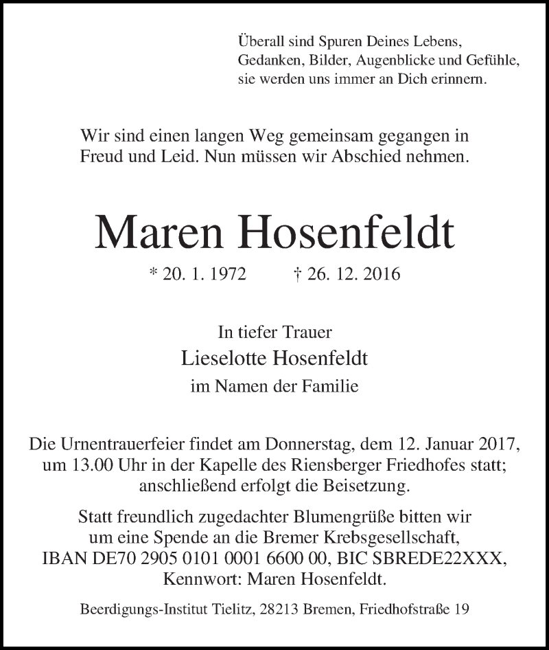 Traueranzeige von Maren Hosenfeldt von WESER-KURIER