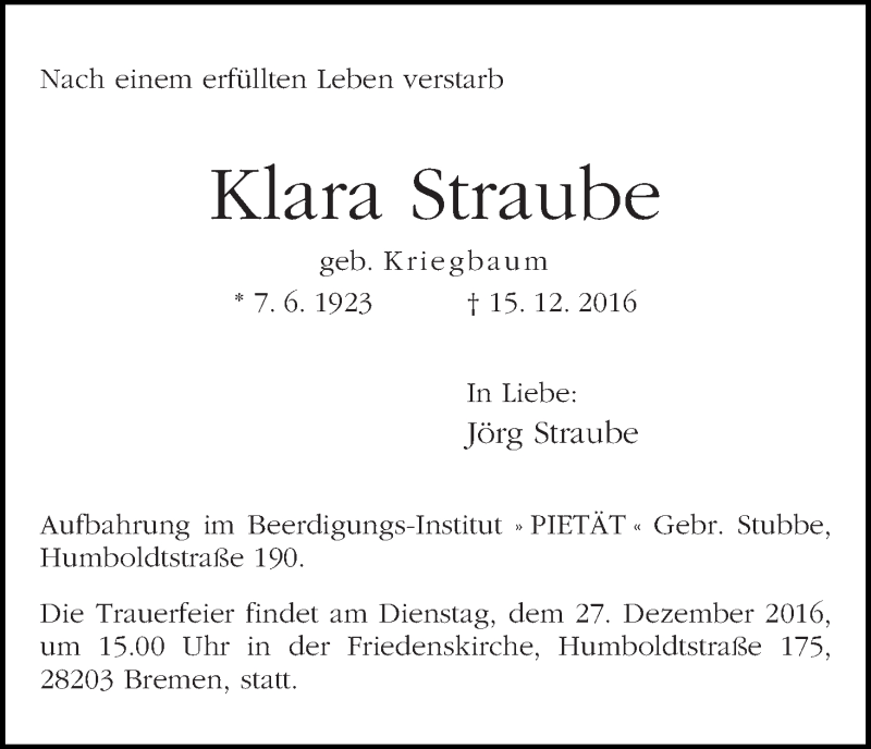 Traueranzeige von Klara Straube von WESER-KURIER
