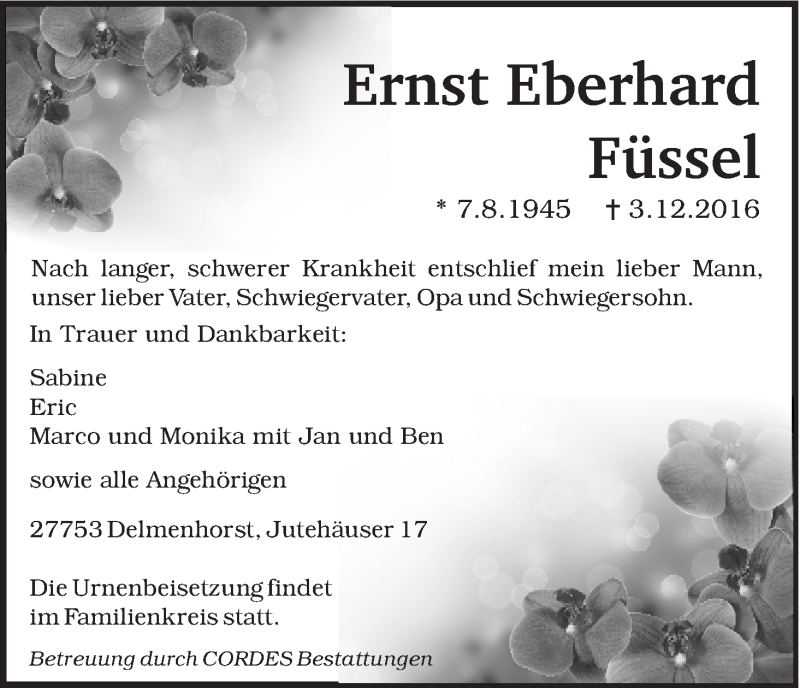 Traueranzeige von Ernst Eberhard Füssel von WESER-KURIER